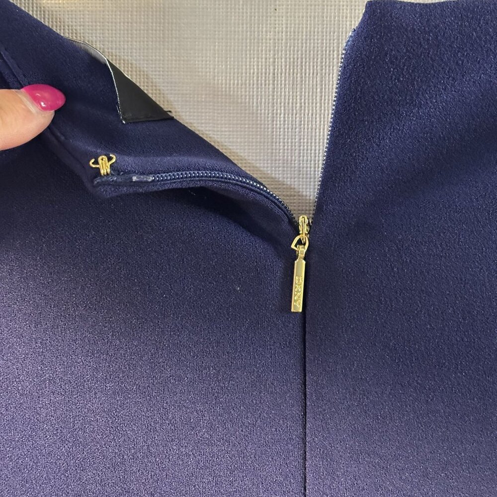 DKNY Navy Blue Bell Sleeve Sheath Dress With Tiered Ruffle Detail Zipper Closure - Picture 5 of 8
